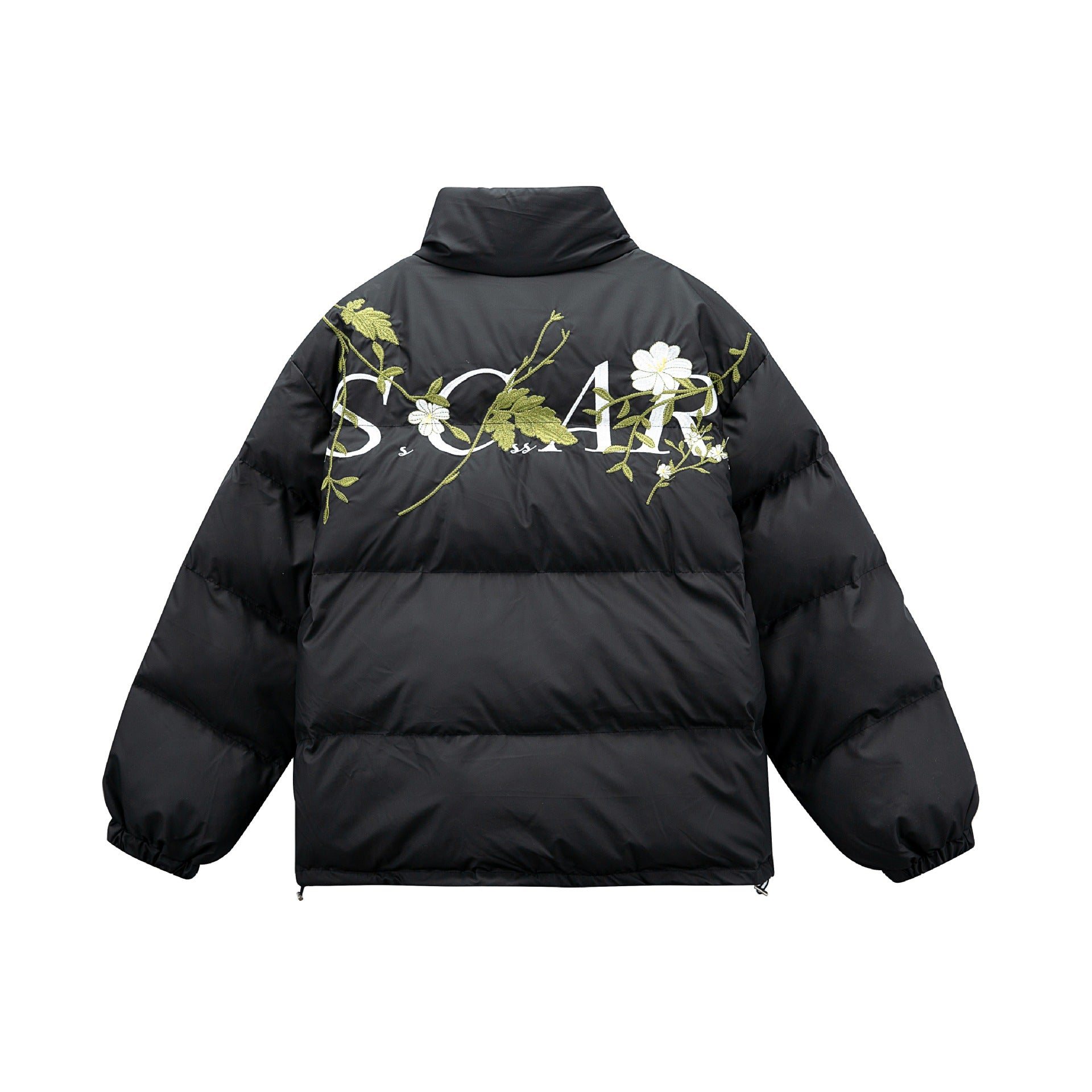 Women's Padded Oversized Quilted Jacket with Stand-up Collar and Floral Embroidery Chichicherry