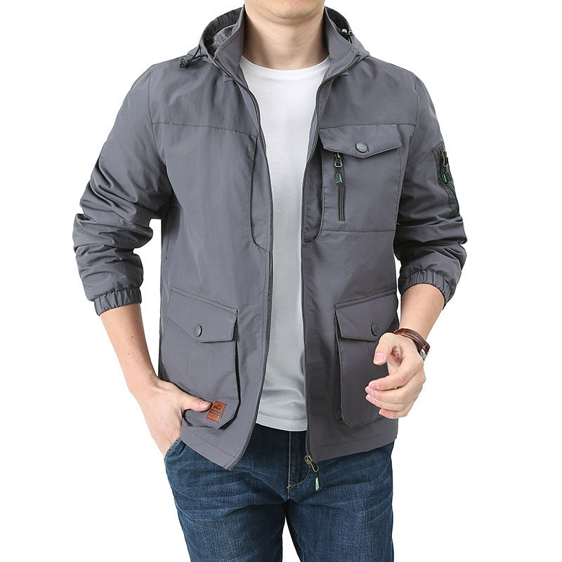 Men's water-repellent hooded canvas field jacket with concealed two-way zipper, elastic sleeve cuffs, and utility patch pockets Chichicherry