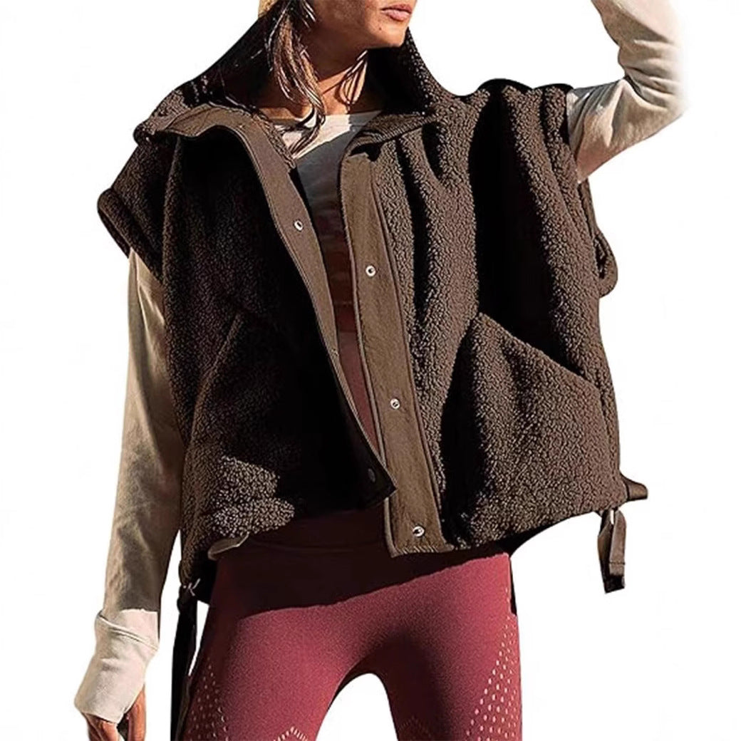 Women's Oversized Teddy Fleece Vest with Hood and Snap Buttons Chichicherry