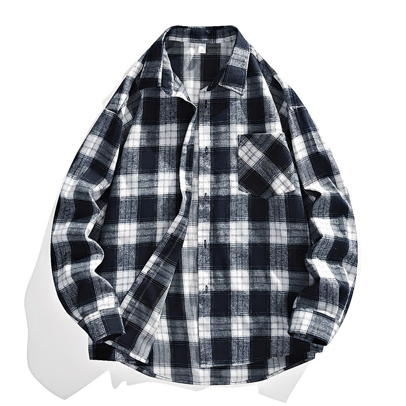 Men's Oversized Checked Flannel Shirt Jacket with Breast Pocket & Rounded Hem Chichicherry