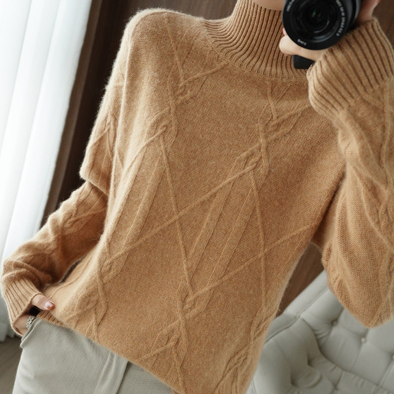 Women's Soft Mohair-Look Sweater with High Ribbed Collar, Cable Knit Pattern, and Boxy Oversized Fit Chichicherry