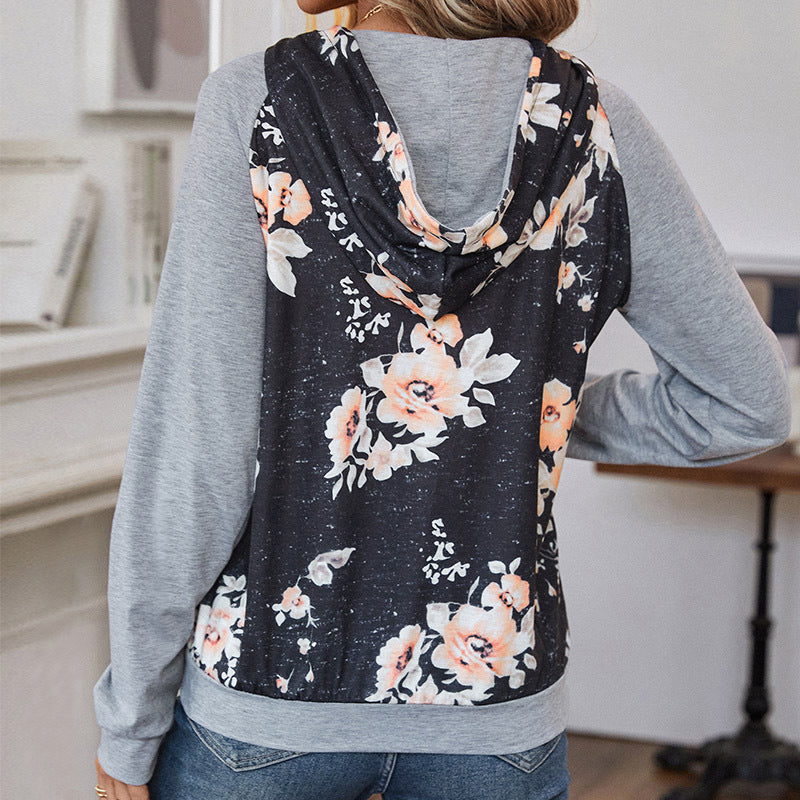 Women's Casual Hoodie with Floral Print, Raglan Sleeves and Kangaroo Pocket Chichicherry
