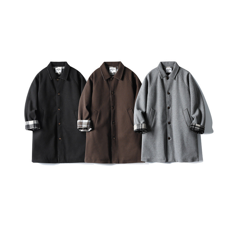 Men's Wool Blend Coat with Checked Lining, Raglan Sleeves and Classic Shirt Collar Chichicherry