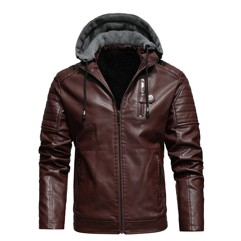 Men's Faux Leather Hoodie Blouson with Teddy Lining, Quilted Sleeve Yoke and Hood Layer Chichicherry