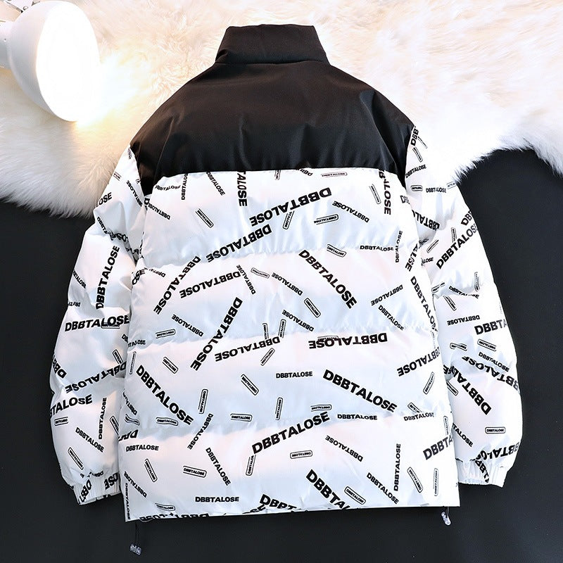 Unisex Padded Quilted Jacket with Allover Logo Print, High Stand-Up Collar & Adjustable Hem Chichicherry