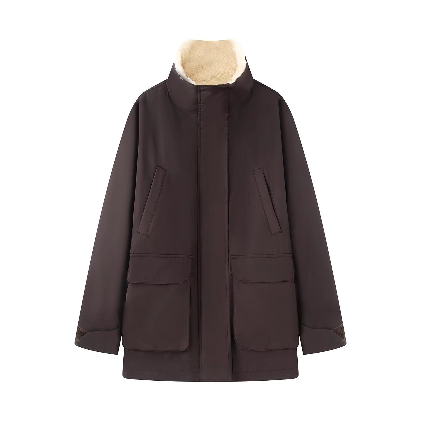 Women's Padded Parka Jacket with High Teddy Collar and Flap Pockets Chichicherry