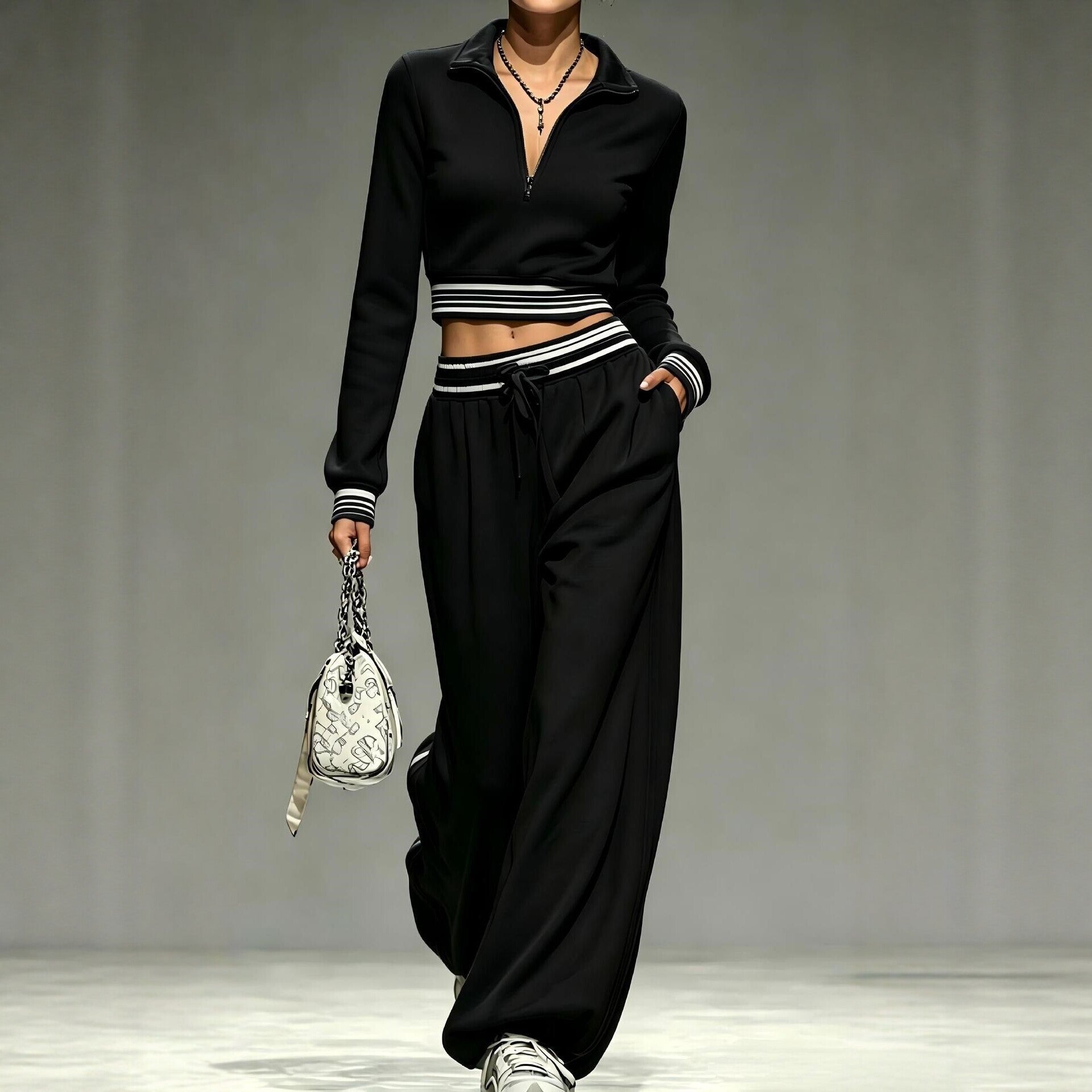 Damen Cropped-Trainingsset mit halbem Reißverschlusskragen und weitem Bundfalten-Jogger Chichicherry