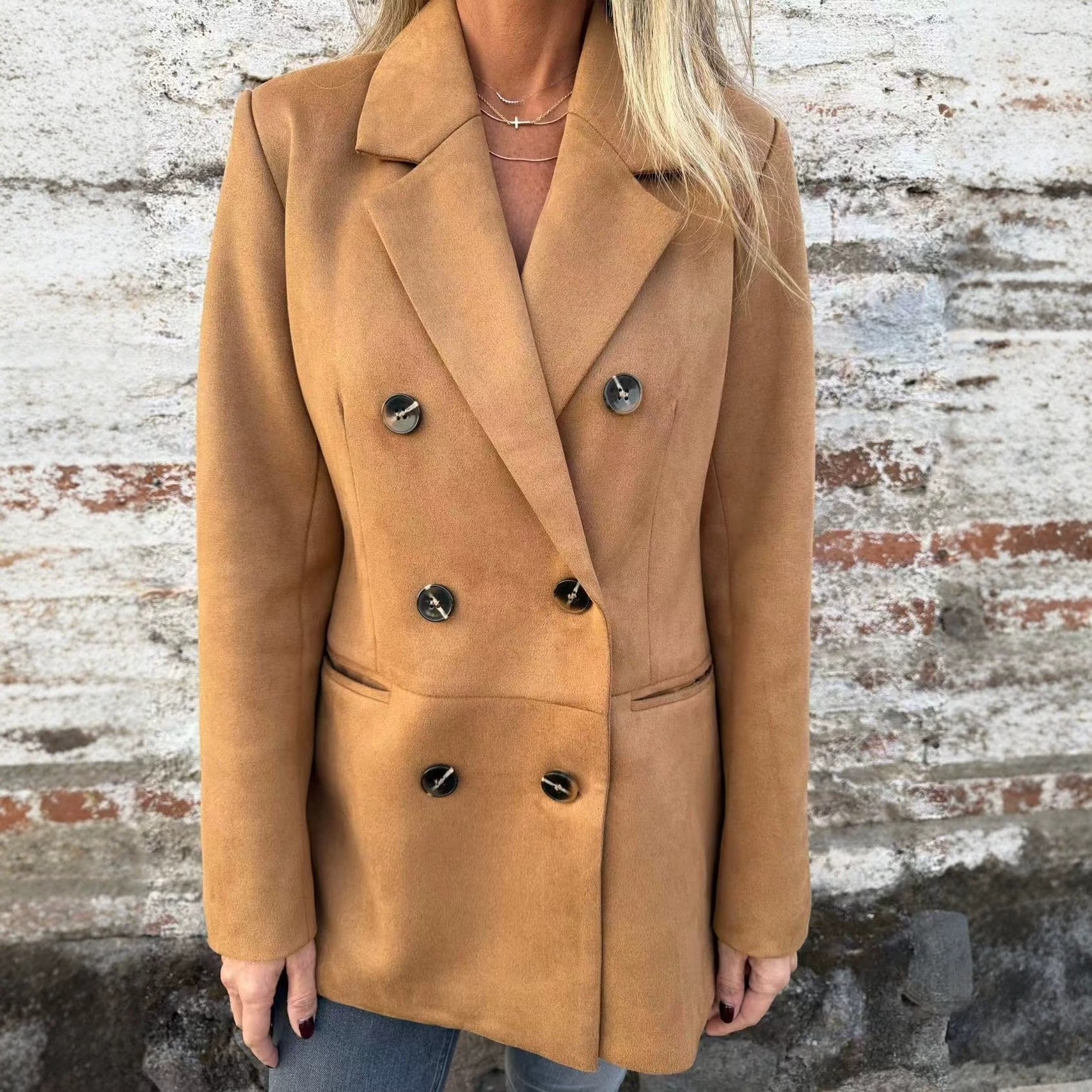 Women Double-breasted coat in velvet look with lapel collar Chichicherry