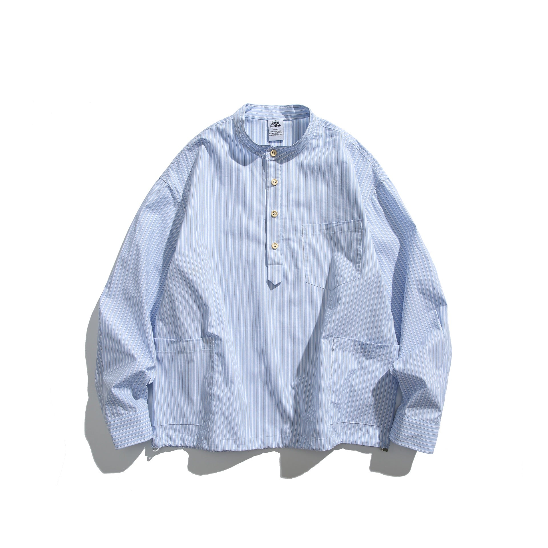 Men's oversized shirt in pullover style with stand-up collar, half yoke, and patch pockets Chichicherry