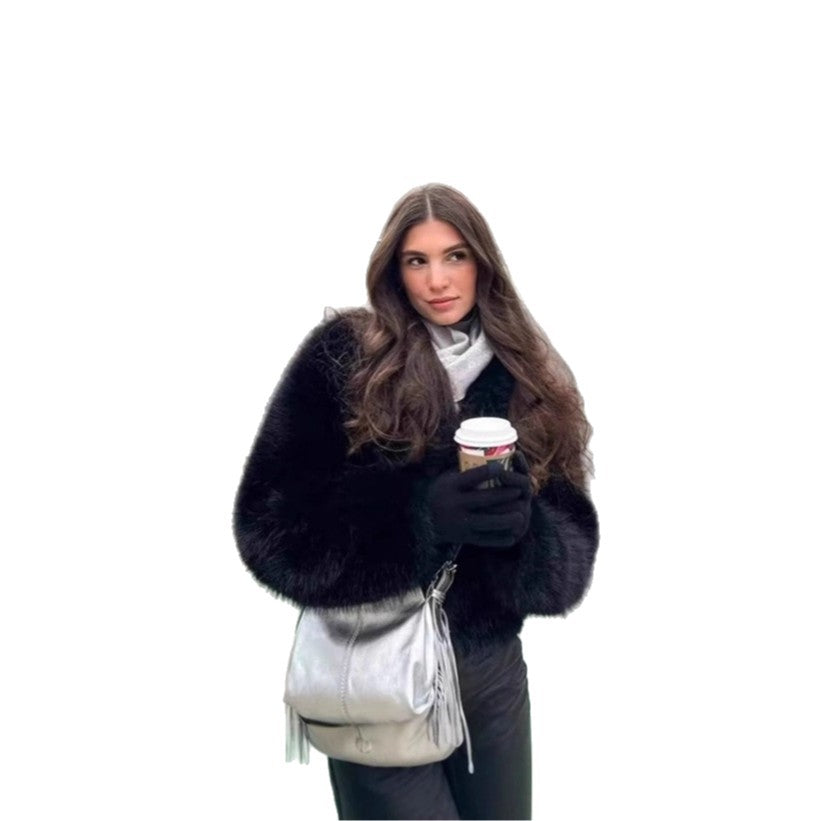 Women Short Boxy Faux Fur Blouson with Voluminous Shawl Collar Chichicherry