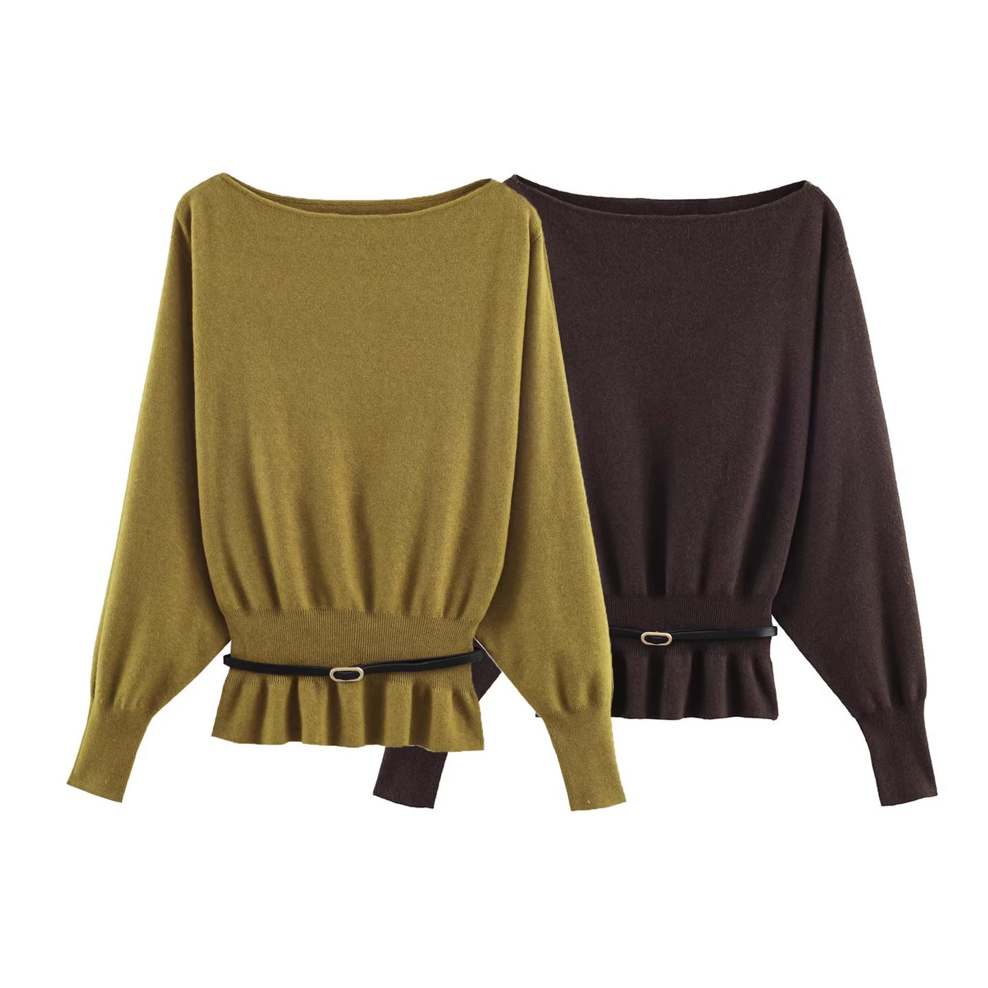 Women's Oversized Knit Sweater with Boat Neck, Batwing Sleeves, Gathered Ribbed Hem, and Waist Belt Chichicherry