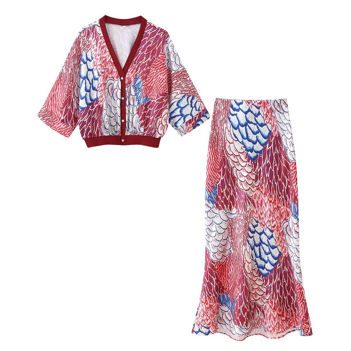Ladies two-piece satin set with floral printed short jacket and bias-cut midi skirt Chichicherry