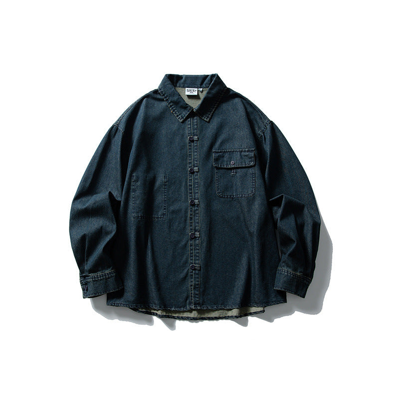 Men's Oversized Denim Jacket with Traditional Knot Buttons Chichicherry