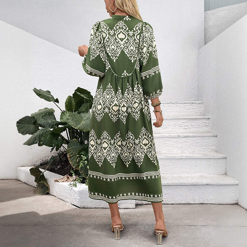 Women's Long Boho Maxi Dress with Loose A-Line, U-Neck and Patch Pockets Chichicherry