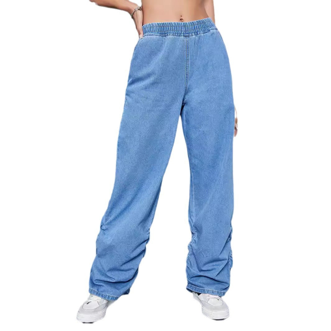 Women's Wide Denim Pants with Elastic Waistband and Gathered Hem Chichicherry