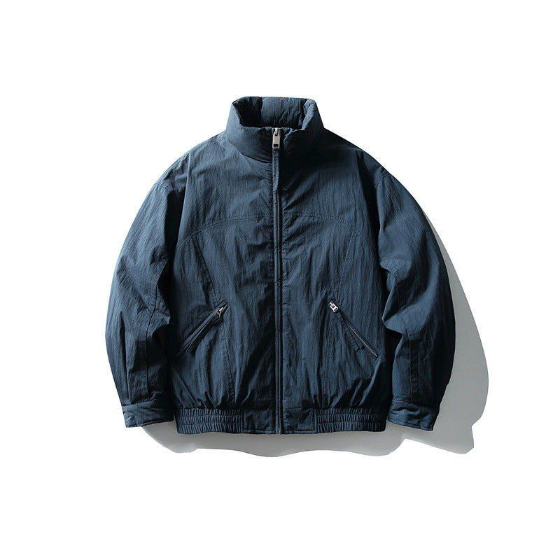 Men's Minimalistic Boxy Windbreaker Jacket with High Stand Collar and Diagonal Zipper Pockets Chichicherry