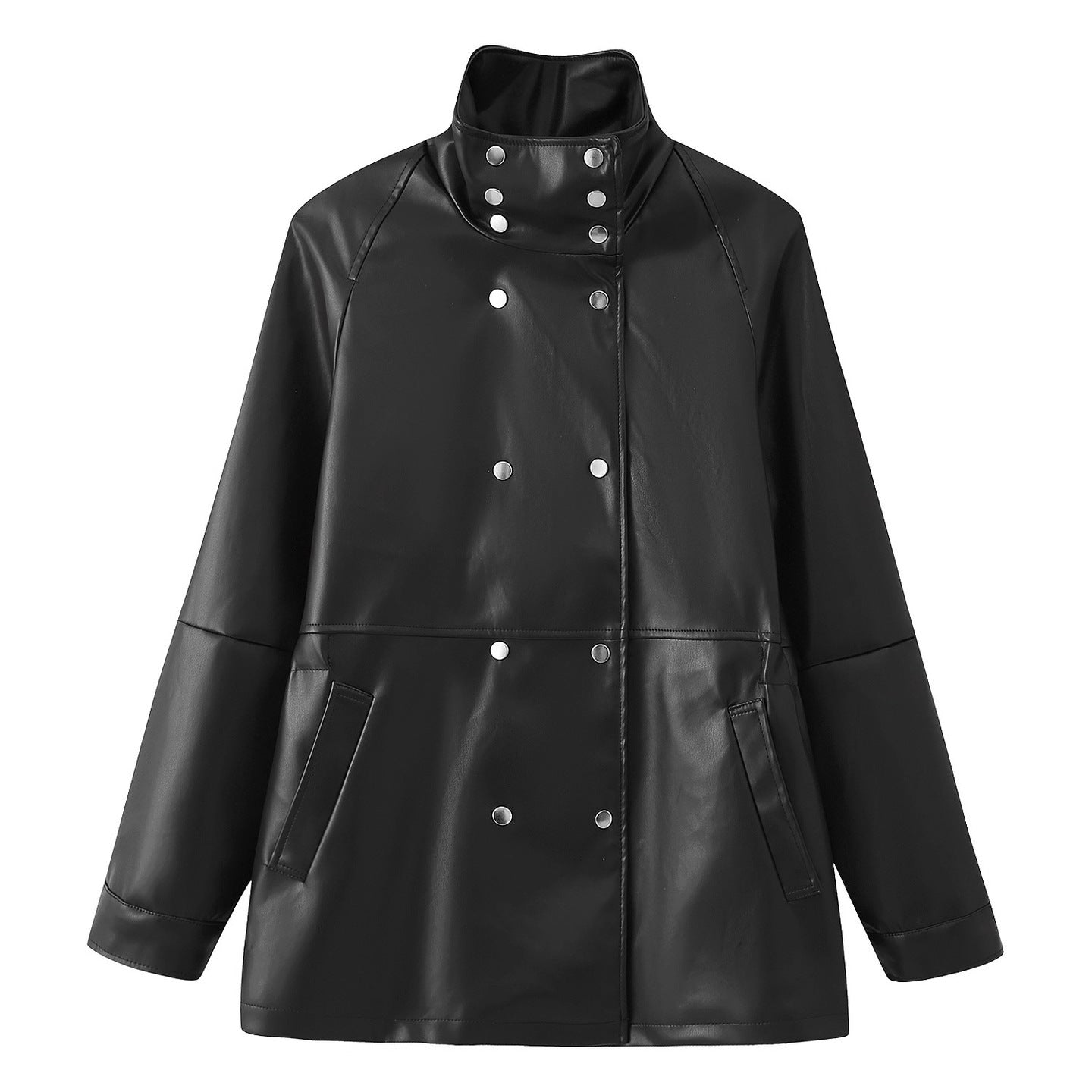 Women's Mid-Length Faux Leather Coat with High Stand-Up Collar and Double-Breasted Snap Buttons Chichicherry