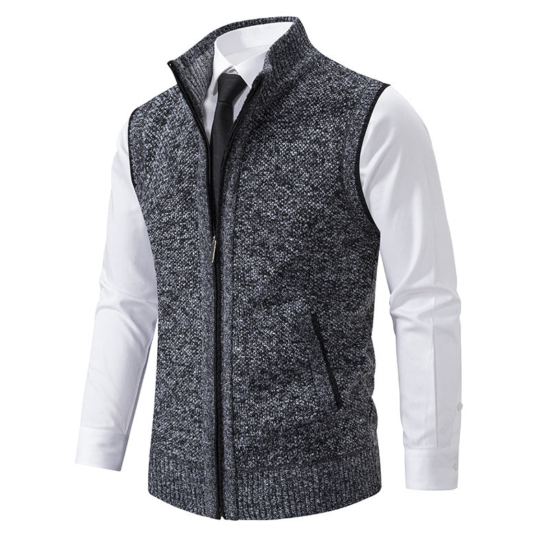 Men's Slim-Fit Sleeveless Structured Knit Vest with Stand Collar and Front Zipper Chichicherry