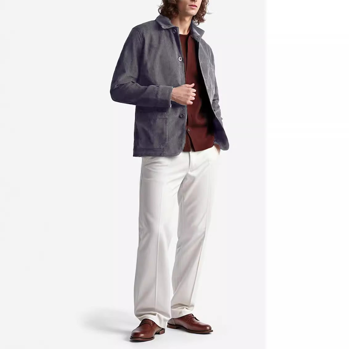 Men's Cord Worker Jacket with Shirt Collar and Patch Pockets Chichicherry