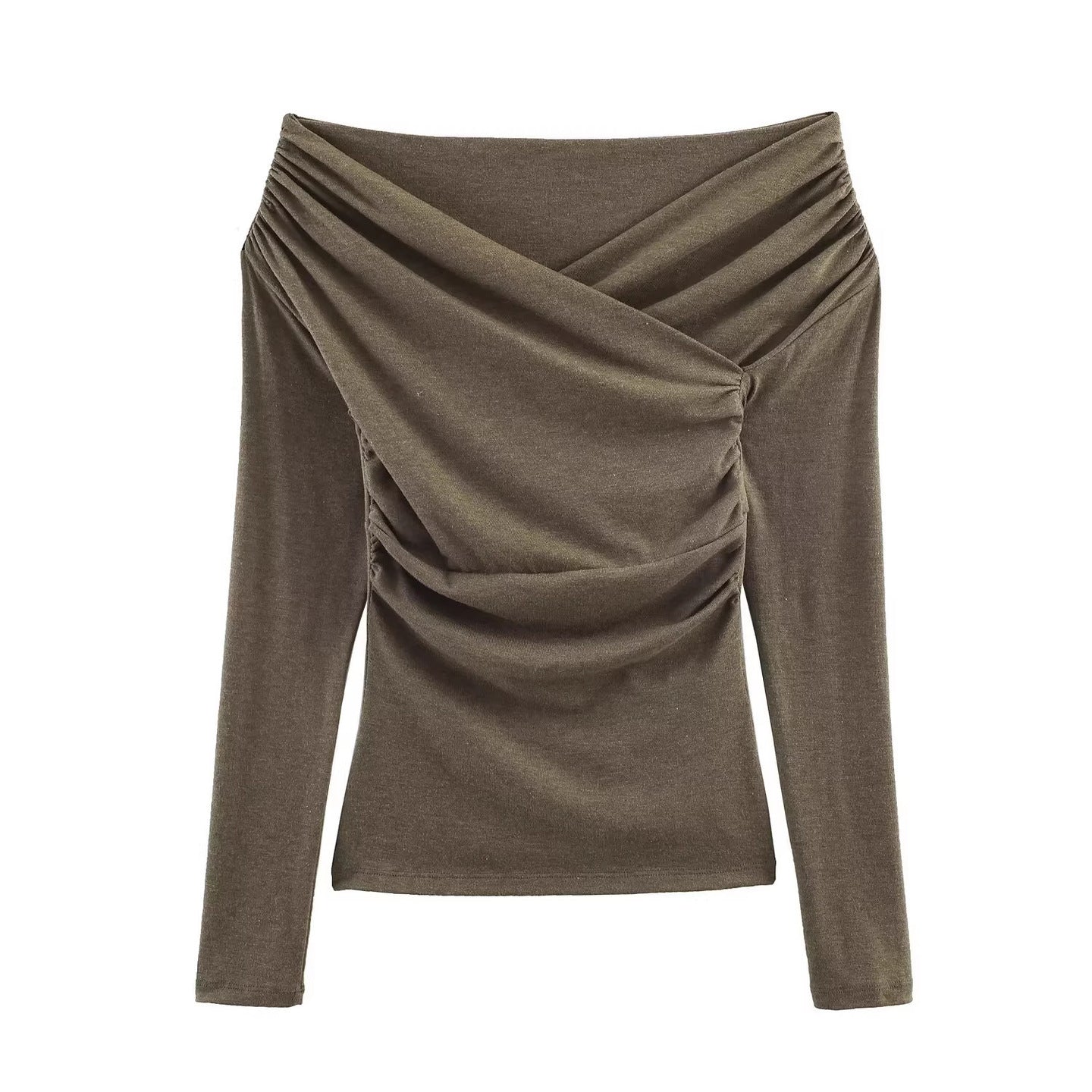 Women Off-Shoulder Gathered Long Sleeve Top with Wrap Draping Chichicherry