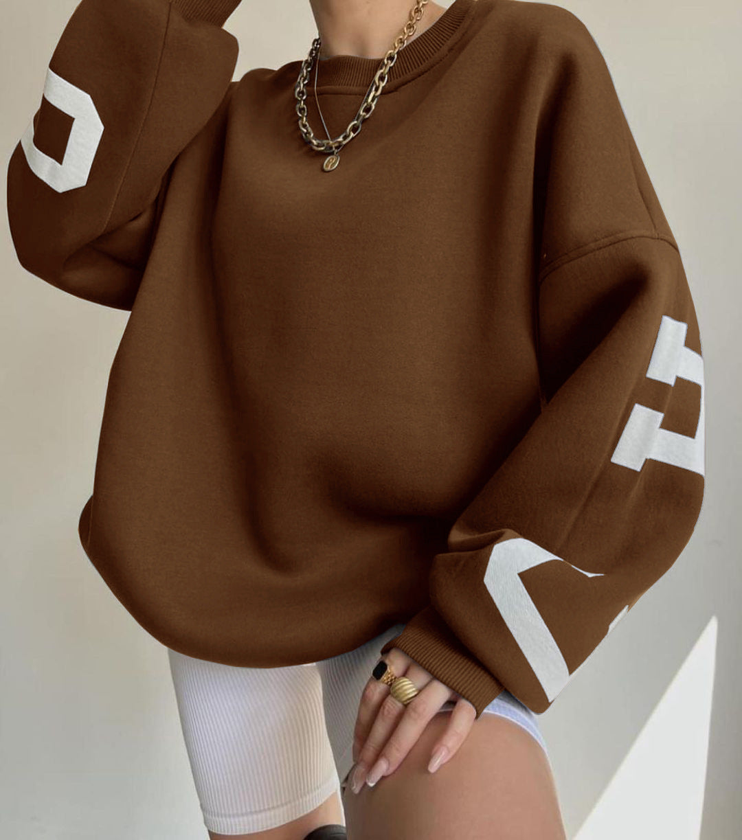 Damen Oversized Sweatshirt mit Blockprint-Ärmeln und weitem Drop-Shoulder-Schnitt Chichicherry