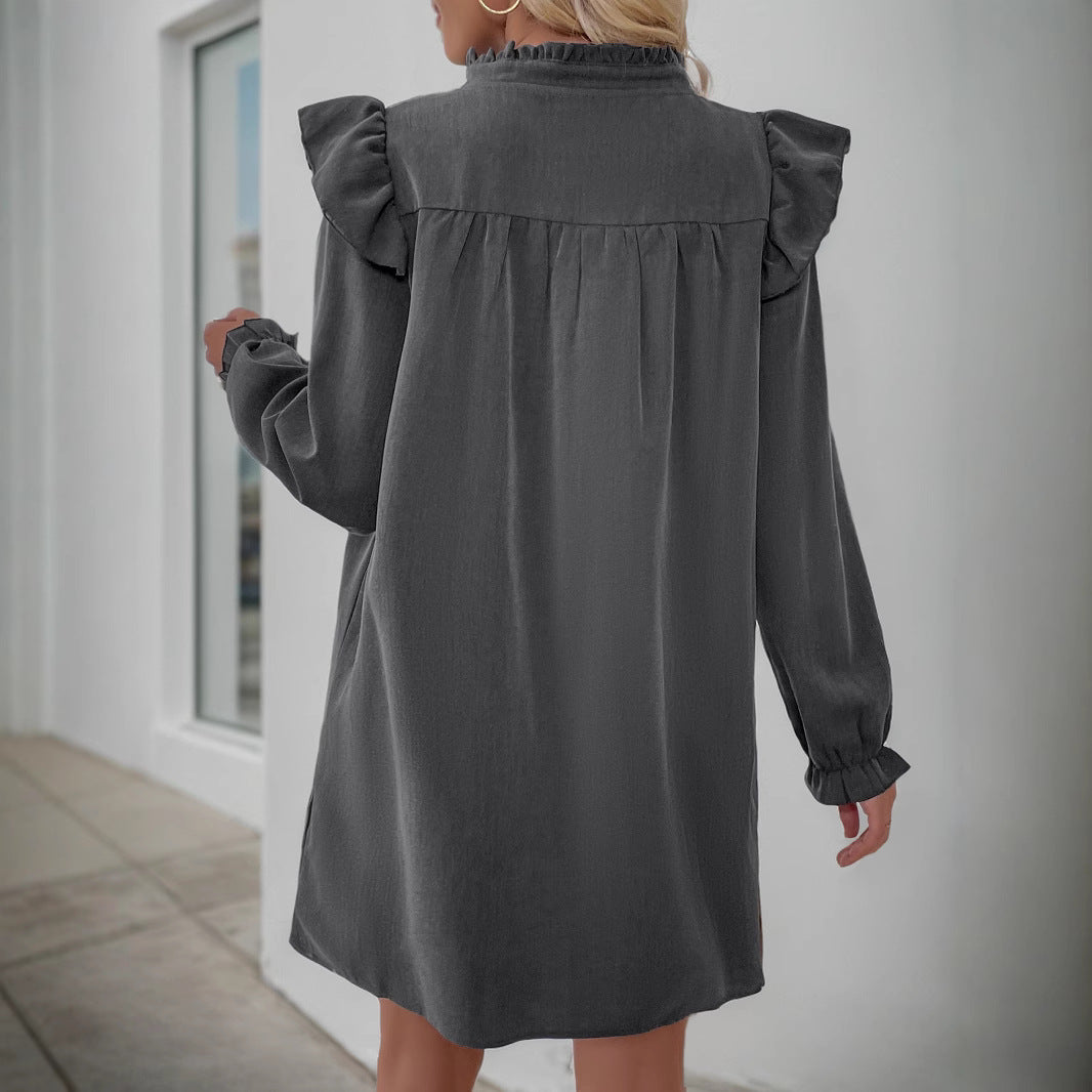 Women's Ruffle Shirt Dress with Gathered Yoke, Stand Collar, and Elastic Cuffs Chichicherry