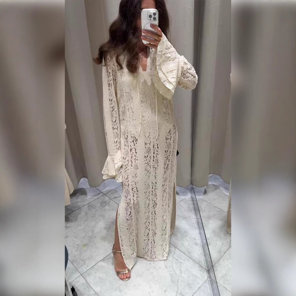Women's Lace Maxi Dress with V-Neck, Bell Sleeves, and Side Slit Chichicherry