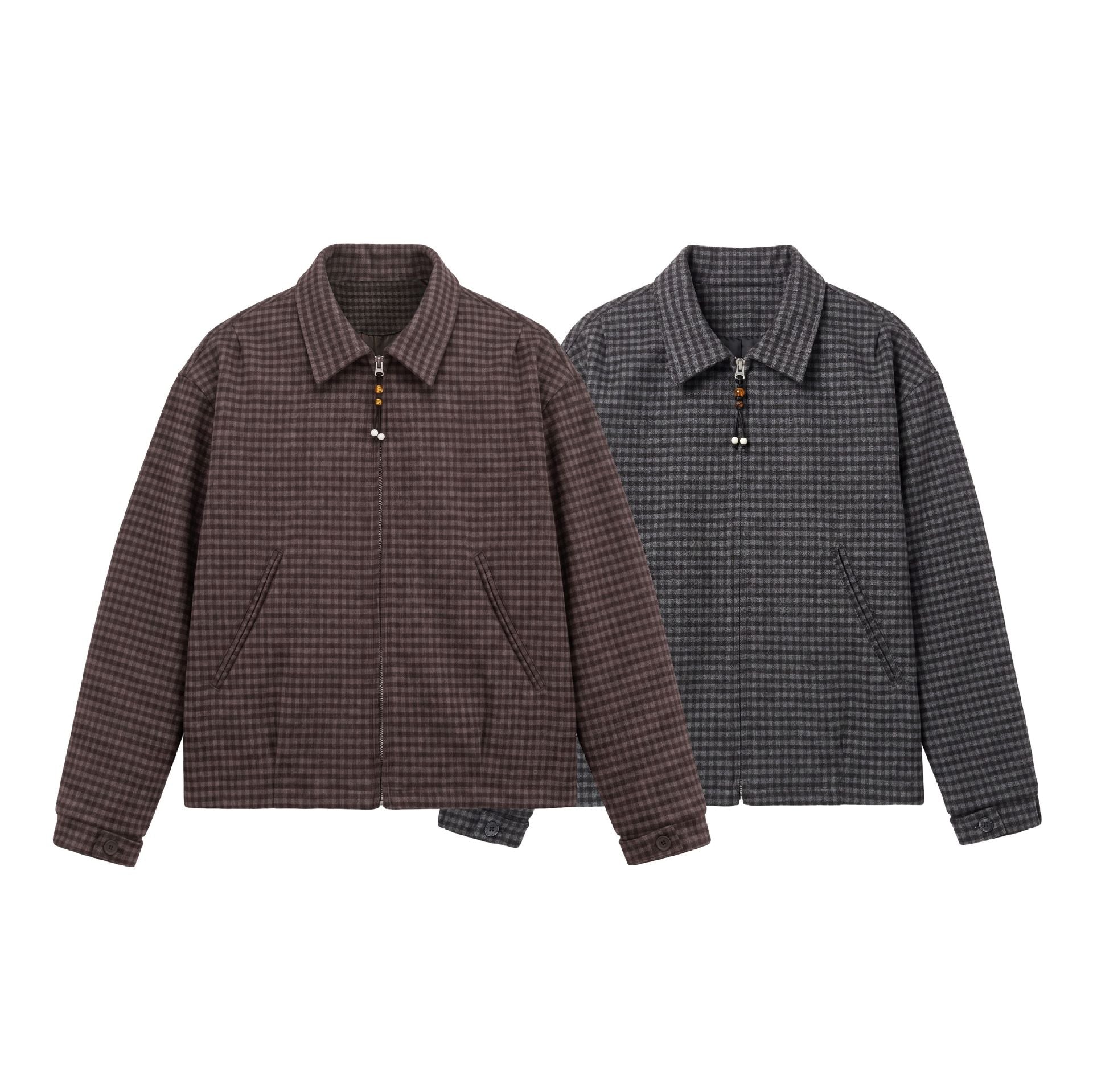 Men's Short-Cut Wool Blend Bomber with Houndstooth Pattern and Concealed Zipper