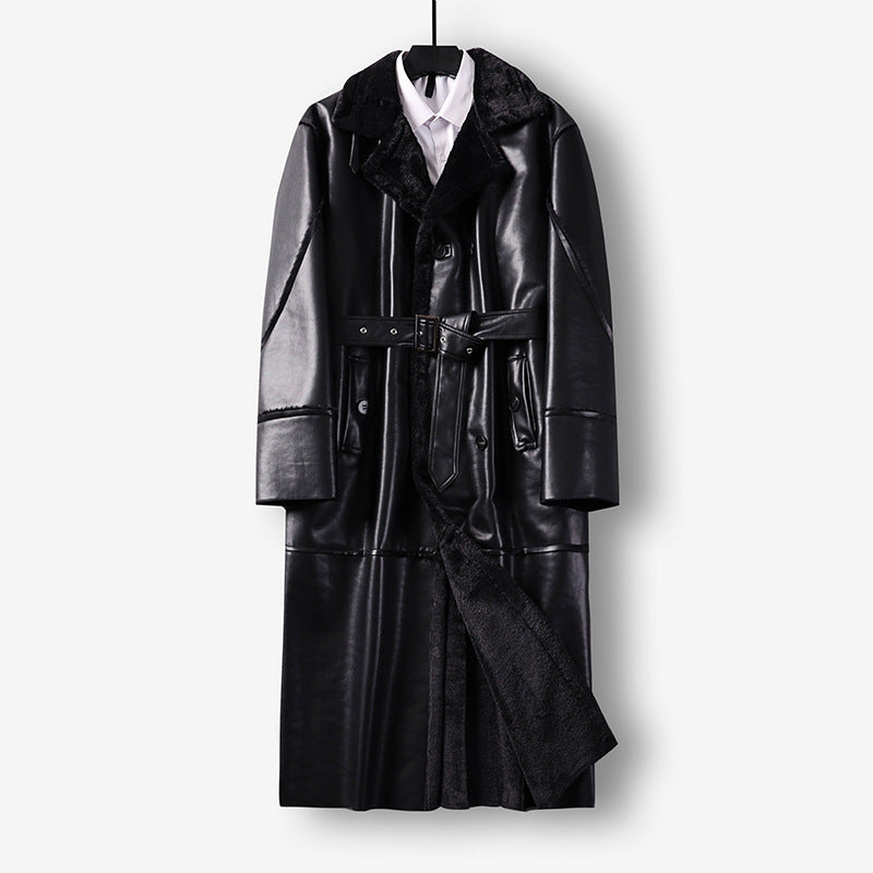Men's Maxi Long Faux Leather Coat with Teddy Lining and Waist Belt Chichicherry