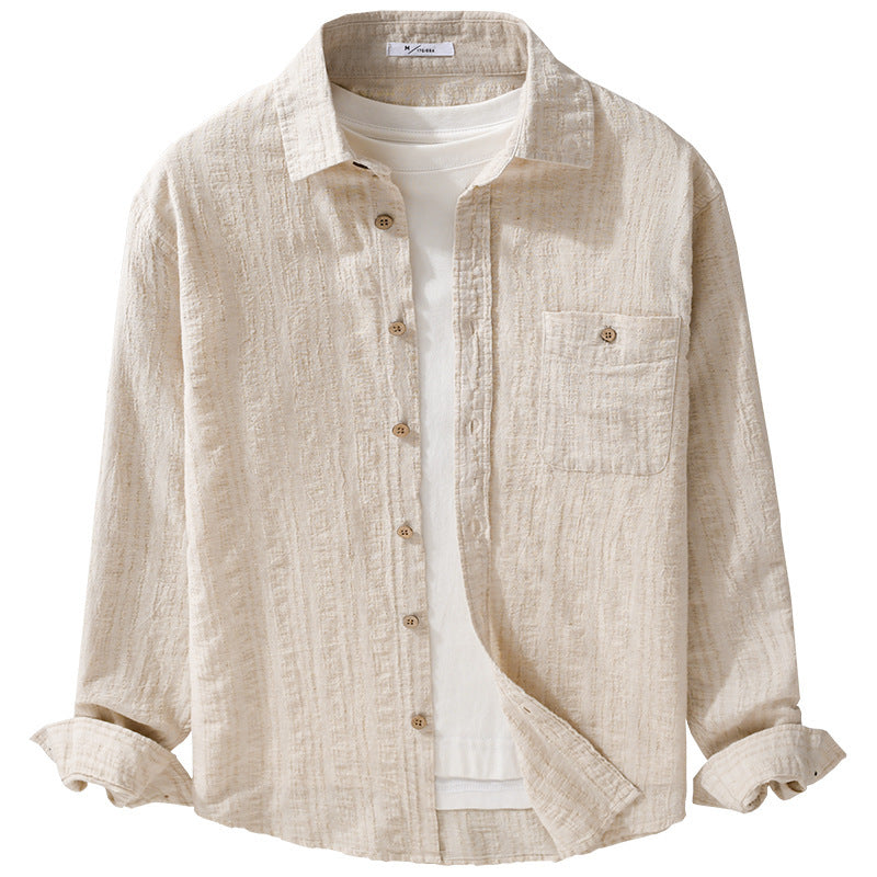 Men's Lightweight Textured Long Sleeve Shirt made of Linen-Cotton Blend Relaxed Fit with Chest Pocket Chichicherry