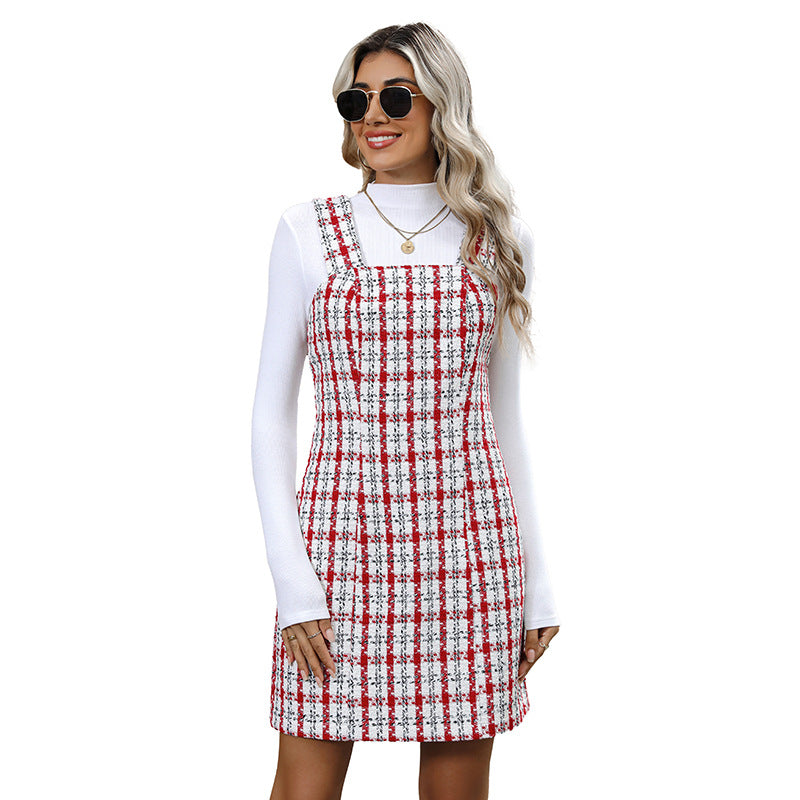 Women’s tweed dungaree dress with check pattern and figure-hugging A-line silhouette Chichicherry