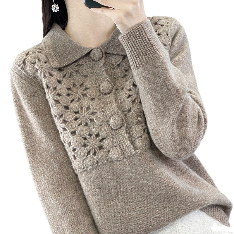 Ladies knitted pullover with crocheted lace edge and polo collar Chichicherry