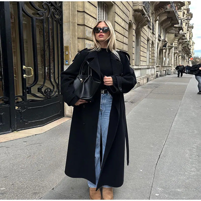 Women long oversized wool coat with wide lapels and belt Chichicherry