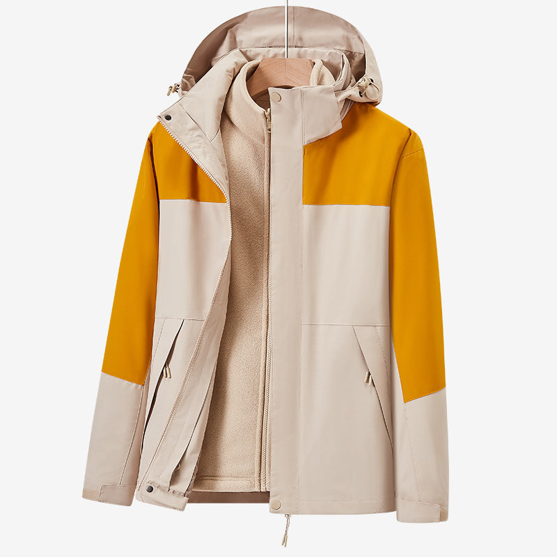 Unisex two-layer water-repellent outdoor jacket with hood and color block design Chichicherry