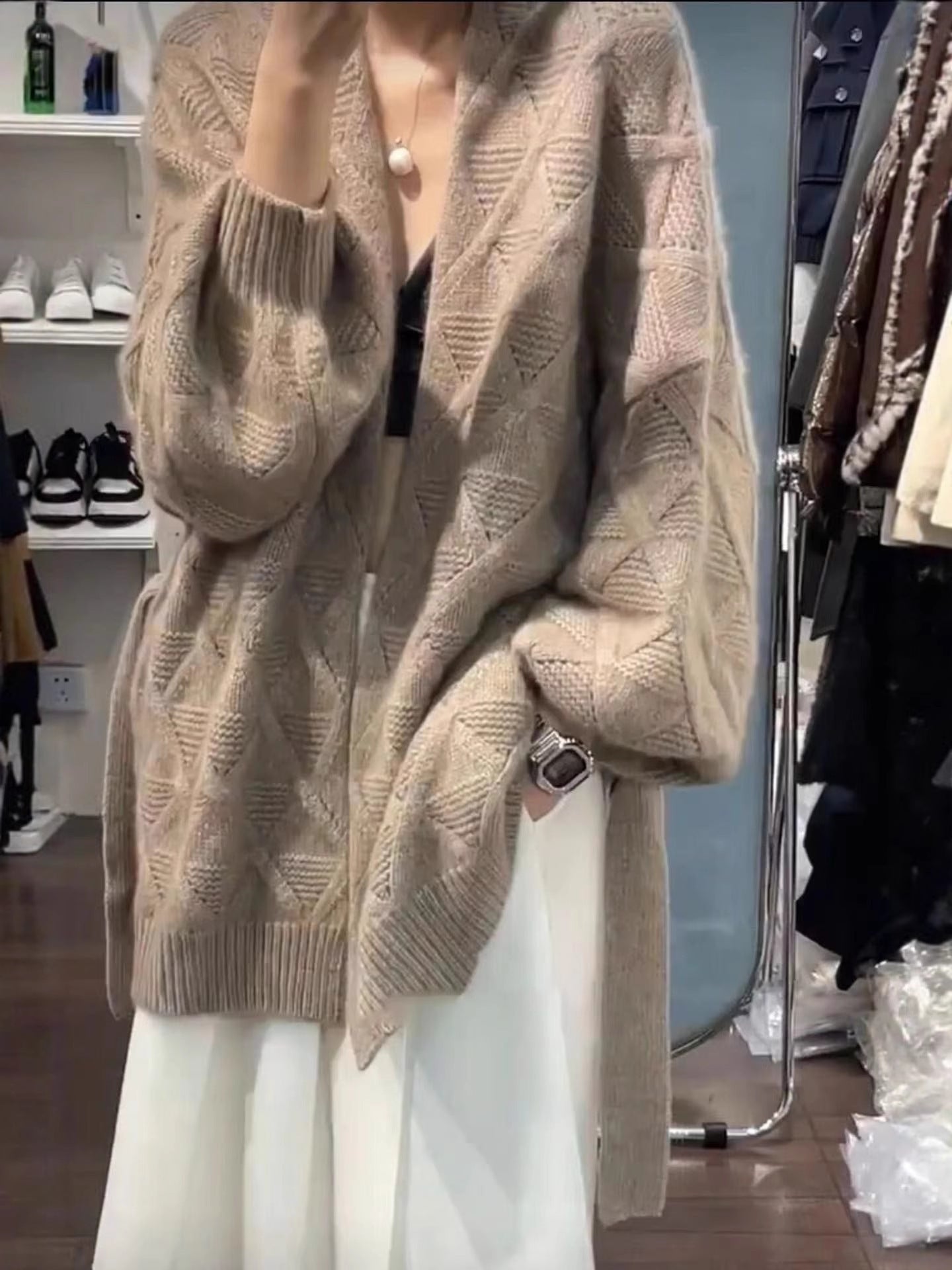 Women's Oversized Cardigan in Mohair Look with Cable Pattern Chichicherry