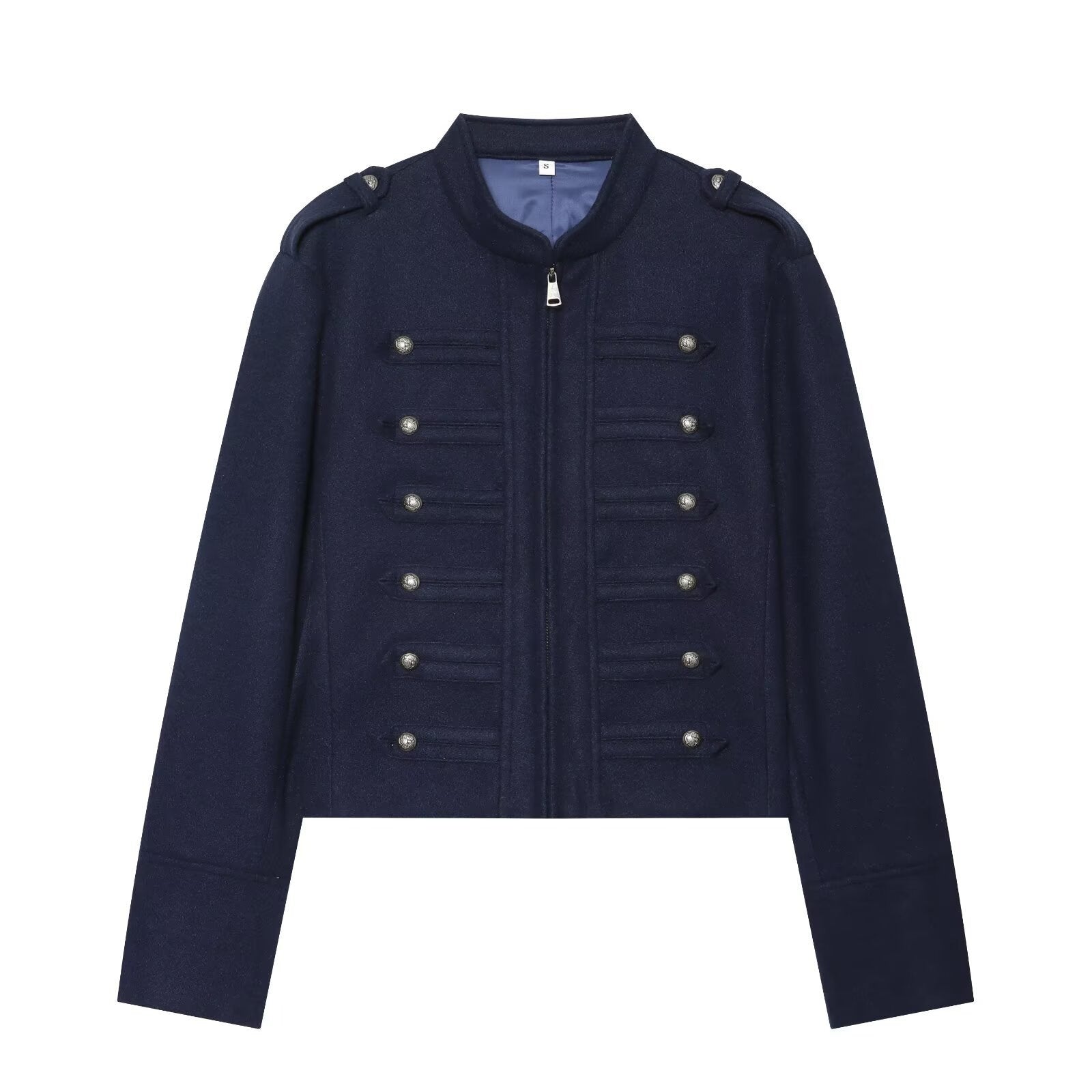 Women's Military Inspired Cropped Wool Blend Jacket with Decorative Button Placket and Stand-Up Collar Chichicherry