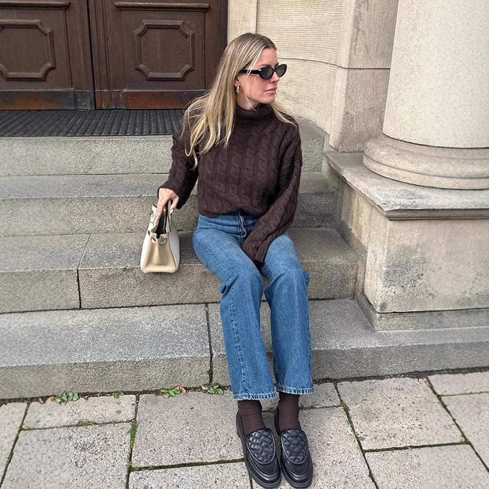 Women's Short-Cut Cable Knit Sweater with Turtleneck & Balloon Sleeves Chichicherry