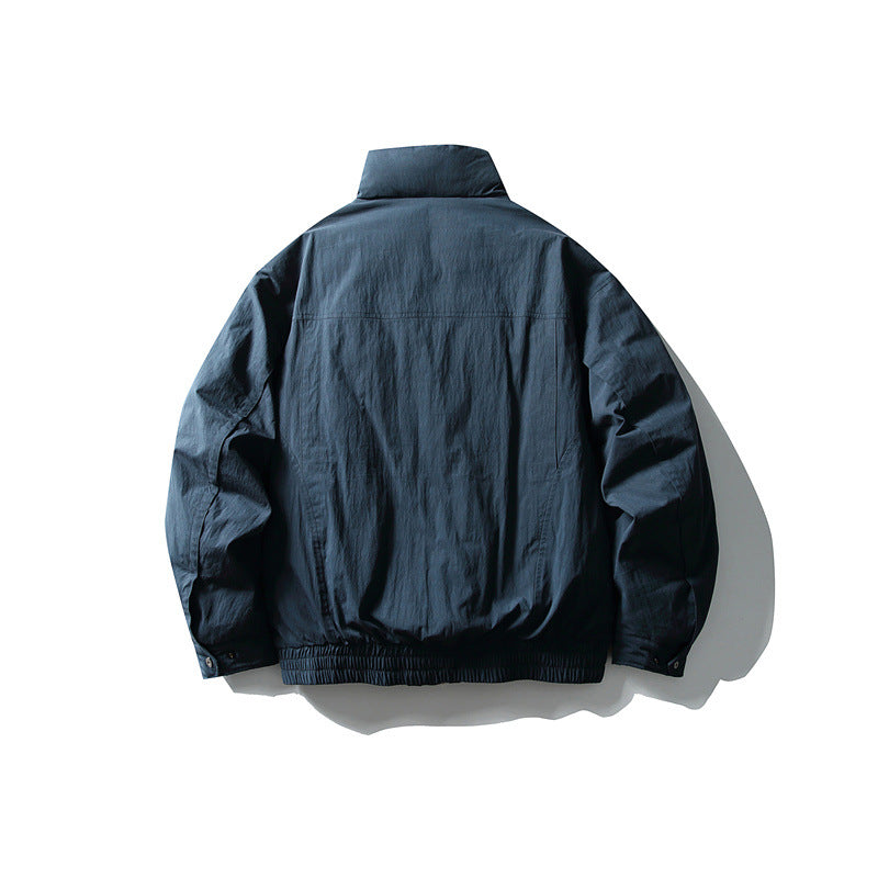 Men's Minimalistic Boxy Windbreaker Jacket with High Stand Collar and Diagonal Zipper Pockets Chichicherry