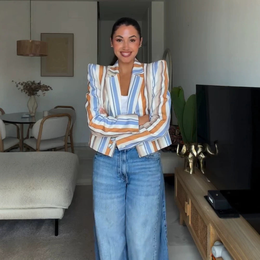 Women's Striped Cropped Blazer with Sculpted Shoulder Chichicherry