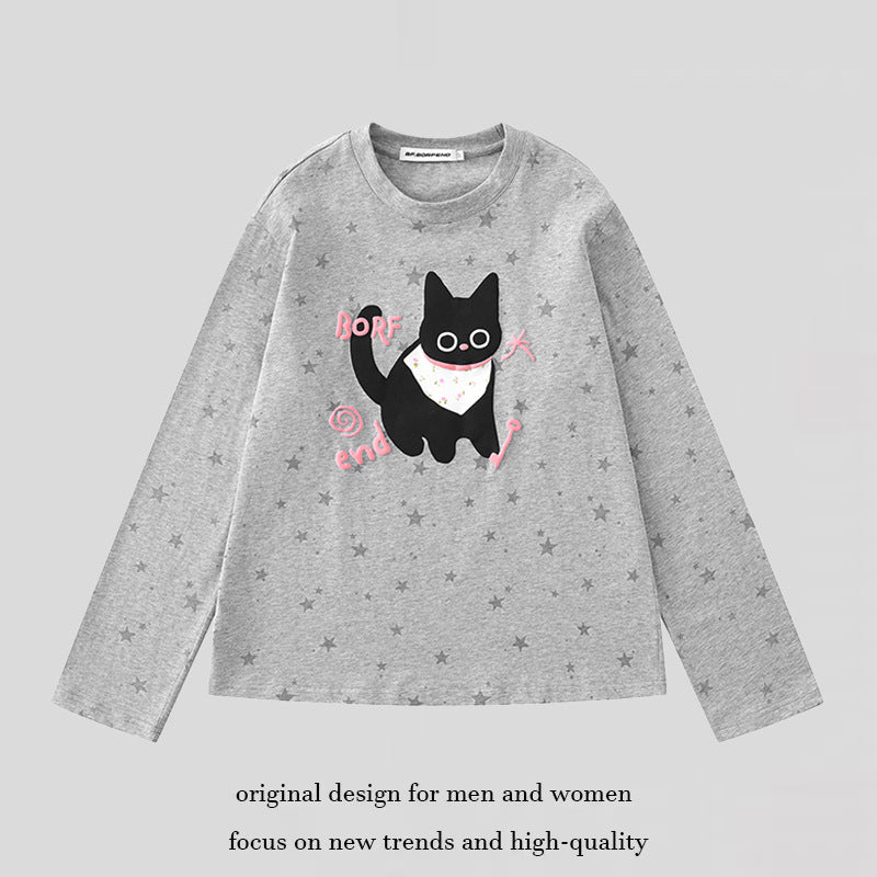 Women's Relaxed-Fit Long Sleeve with Cartoon Cat Motif and Tonal Star Pattern Chichicherry