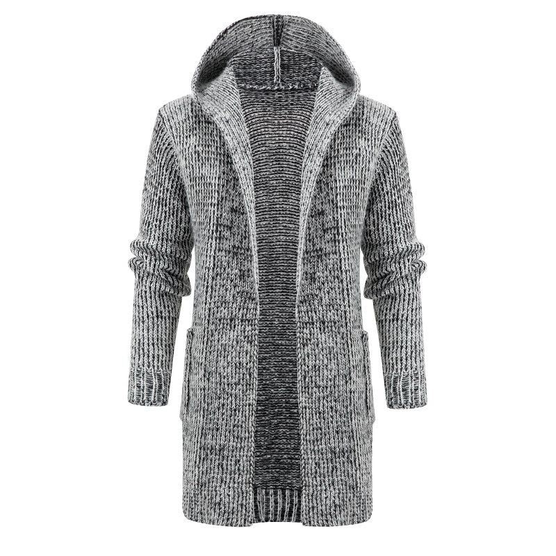 Women's Long Hooded Knit Cardigan with Deep Ribbed Texture and Patch Pockets Chichicherry