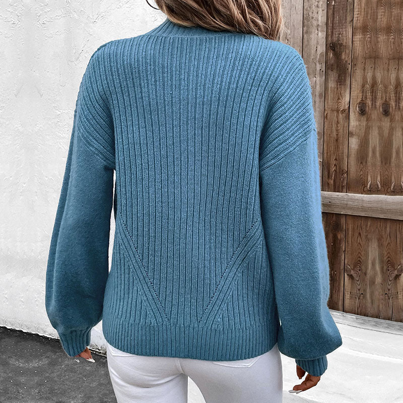 Women's zip-up cardigan with stand-up collar, ribbed texture, and balloon sleeves Chichicherry