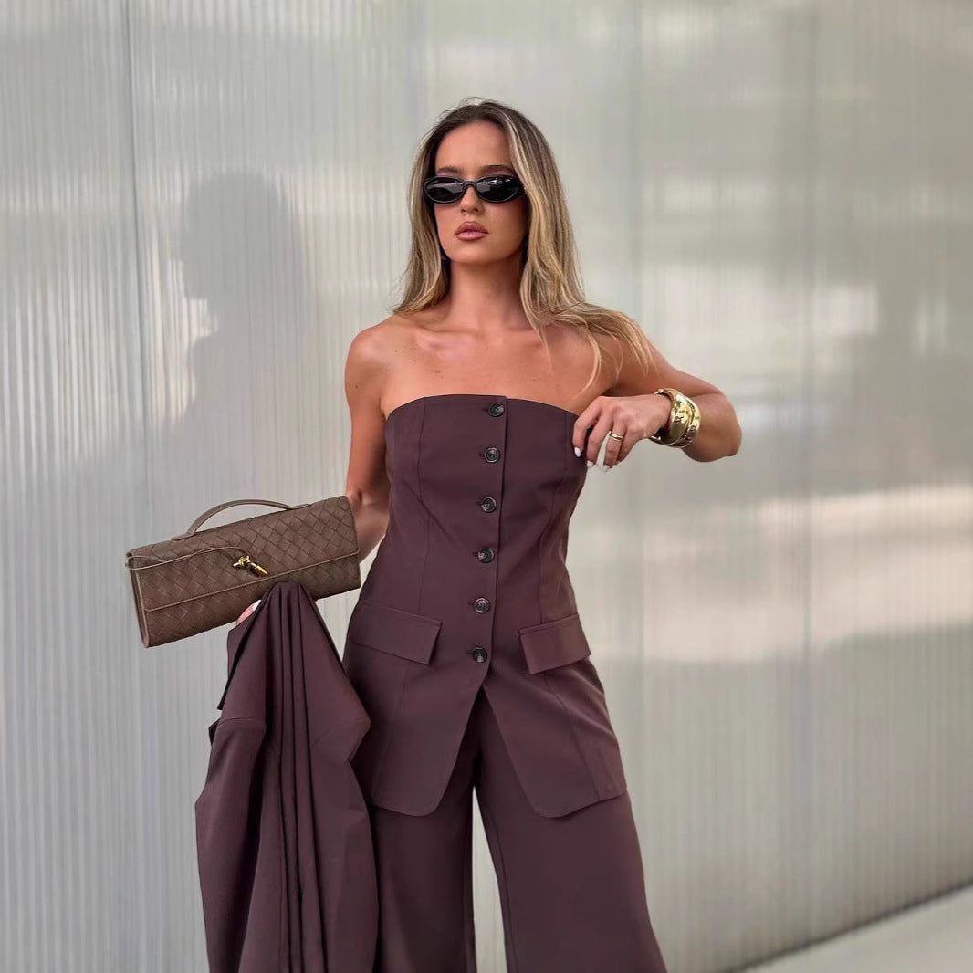 Women's Two-Piece Tailoring Set with Strapless Corset Top and Wide Palazzo Pants Chichicherry