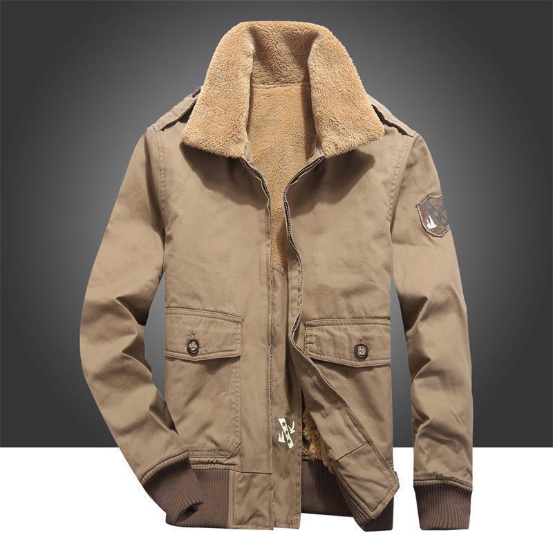 Men's Canvas Pilot Jacket with Teddy Lining, Ribbed Cuffs and Flap Pockets Chichicherry
