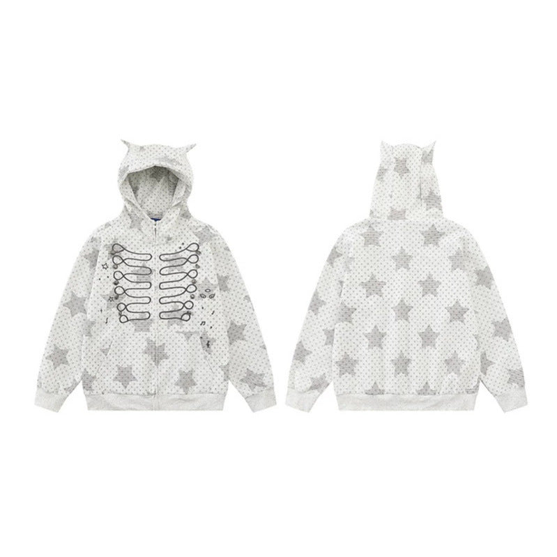 Women's Hoodie Sweat Jacket with 3D Ear Appliqués, Full Zip and Playful Military Illustration Print Chichicherry