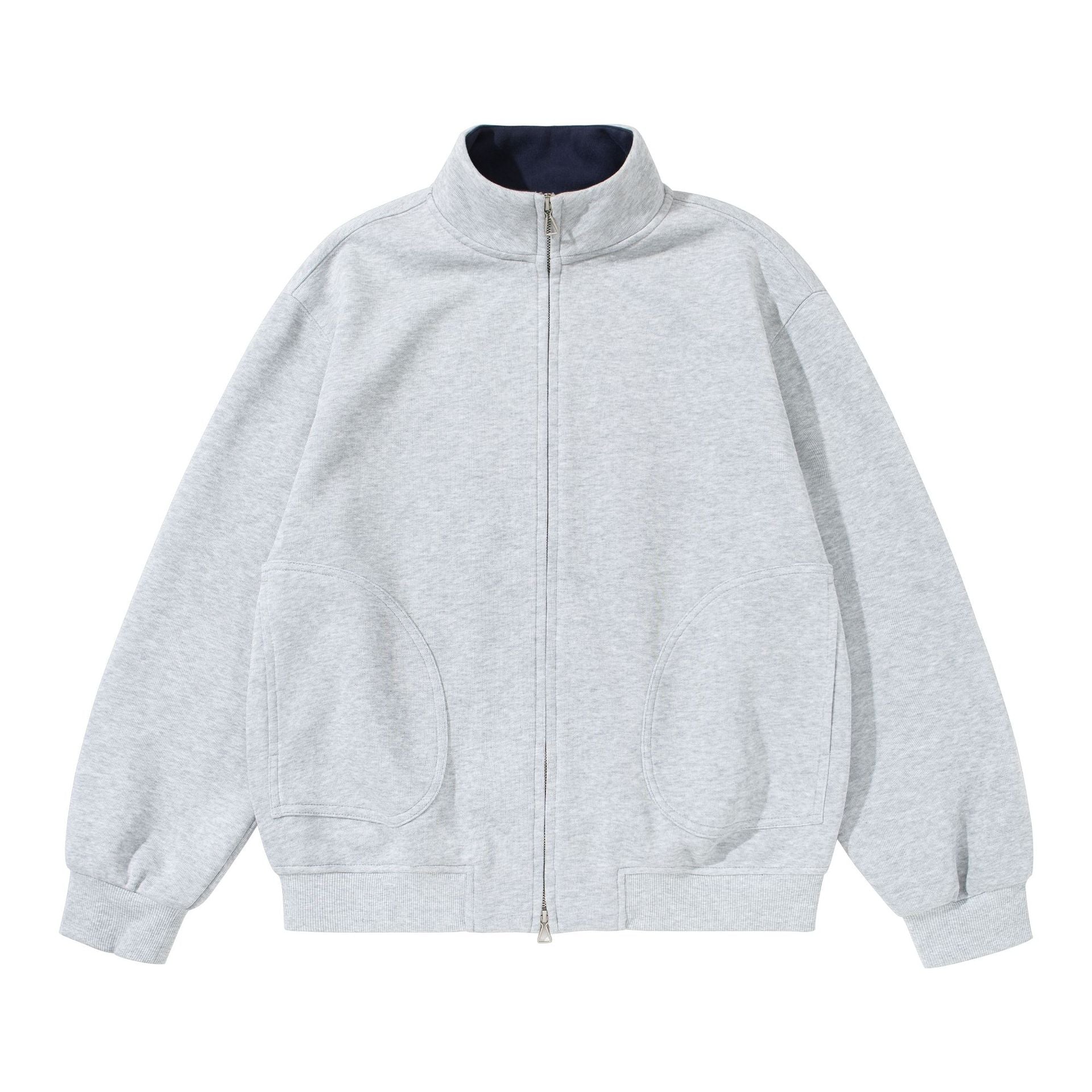 Unisex Oversize Sweat Jacket with Stand-up Collar, Two-way Zipper and Distinctive Half-round Pockets Chichicherry