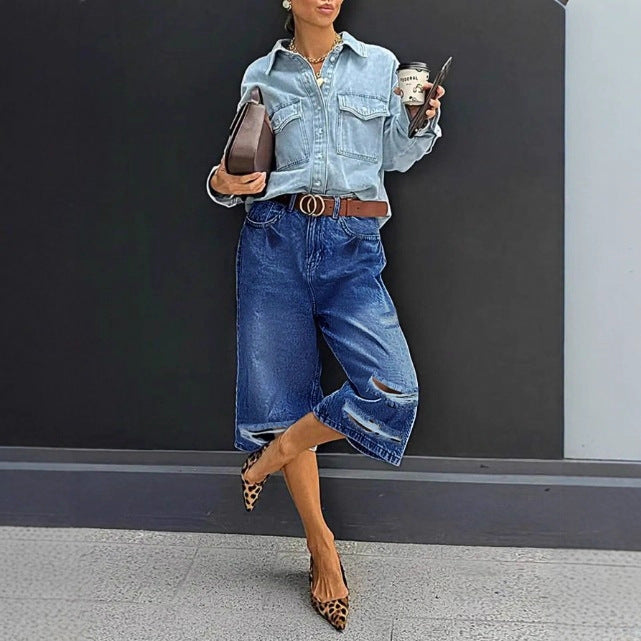 Women High-Waisted Denim Culotte with Destroyed Inserts and Raw Hem Chichicherry
