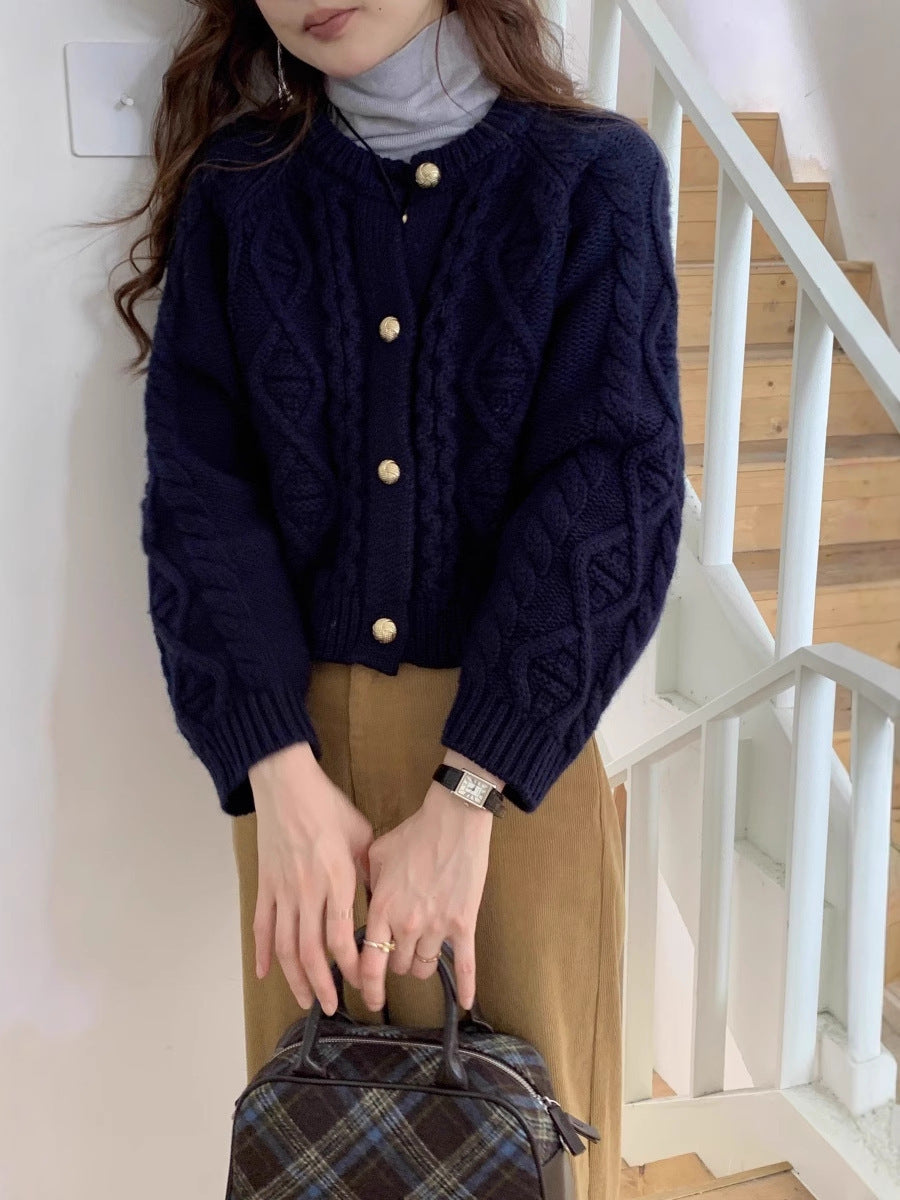 Ladies Short Cable Knit Cardigan with Golden Decorative Buttons Chichicherry