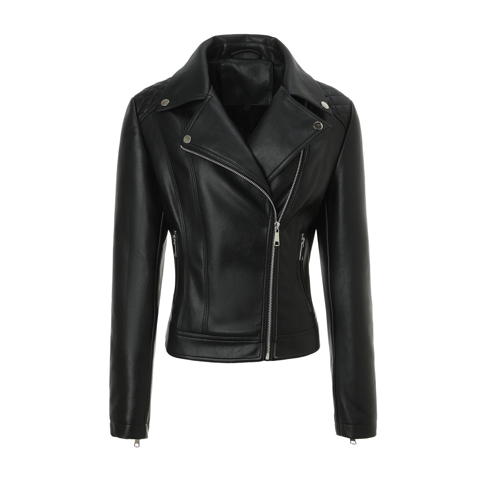 Women Tailored Biker Leather Jacket with Quilted Shoulders Chichicherry