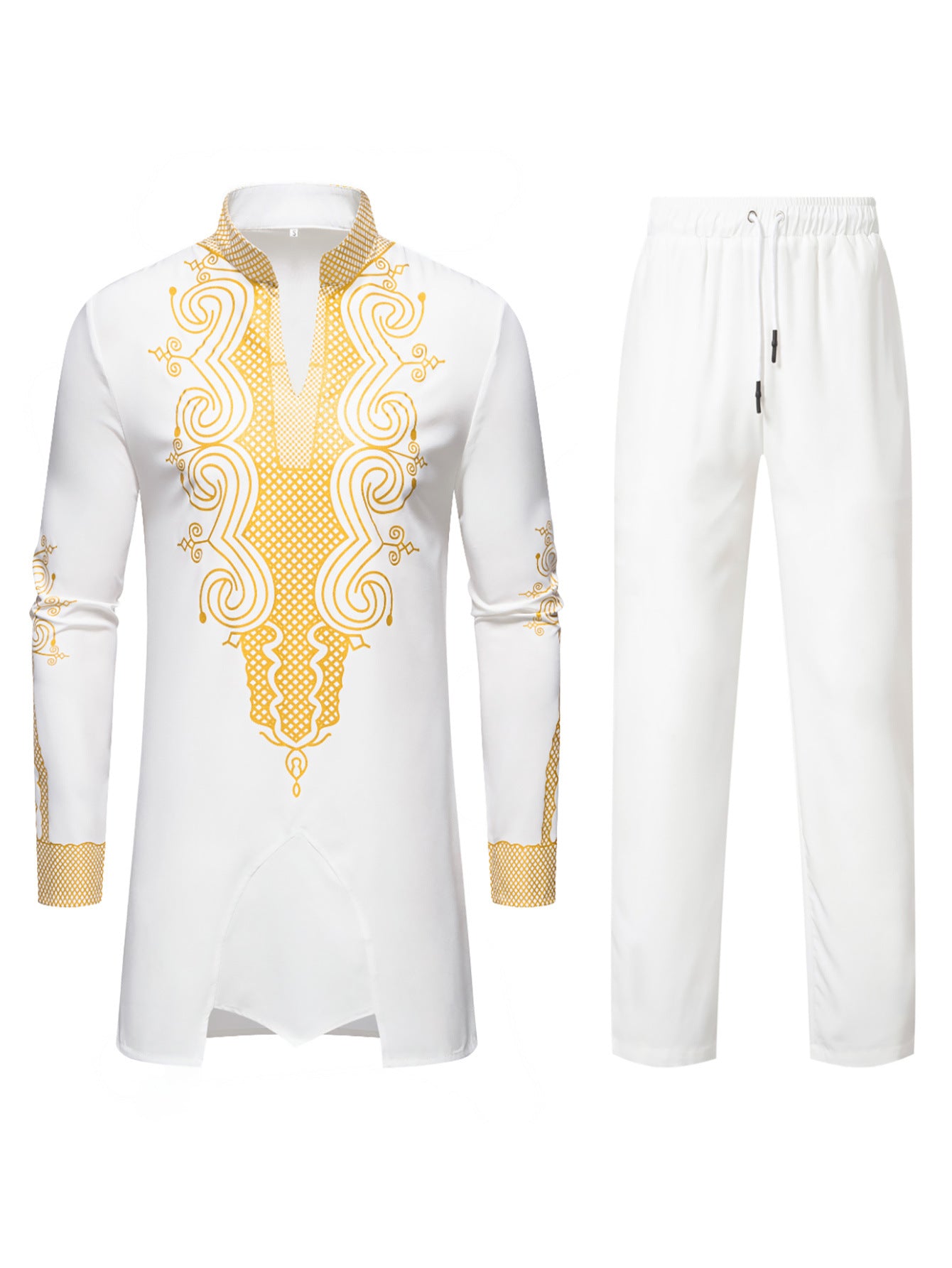 Men's Traditional Embroidered Tunic Set with Mandarin Collar and Elastic Pants Chichicherry